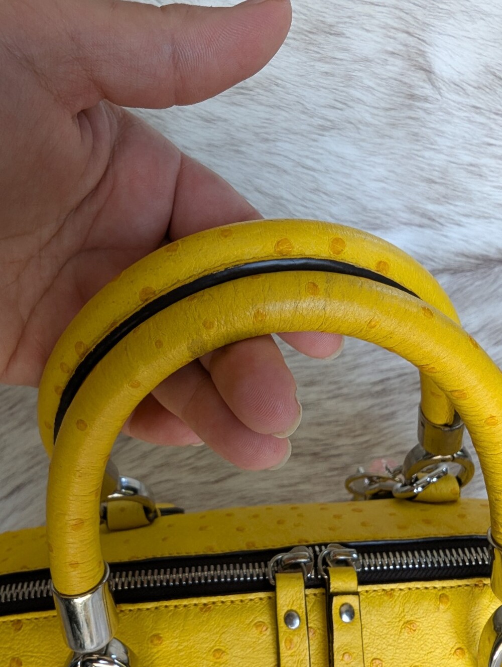 Coccinelle Bright Yellow Ostrich Embossed Convertible Satchel Crossbody Bag - Picture 13 of 14